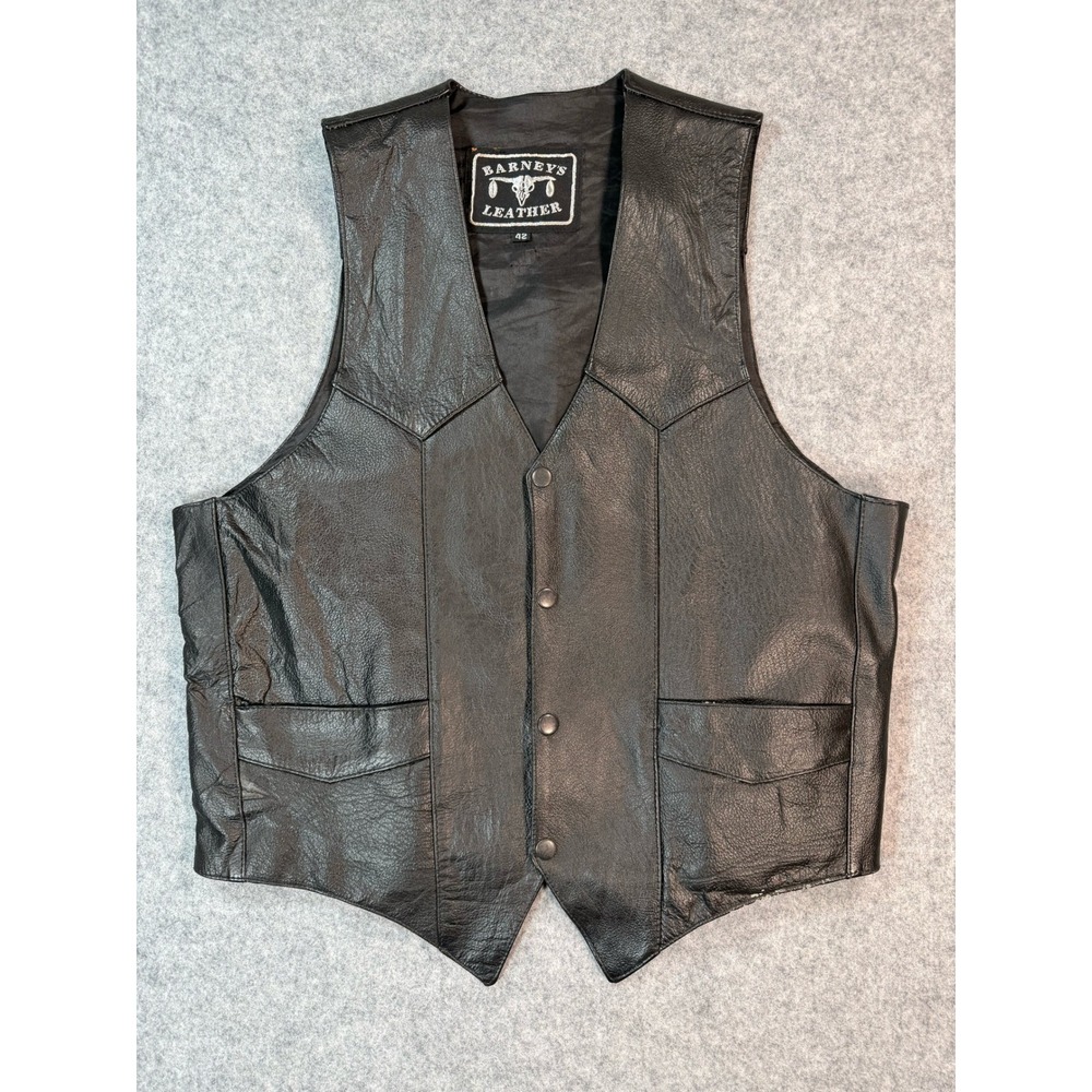 Barneys Leather Mens Vintage‎ Biker Vest Black Snap Front Western Style Size 42